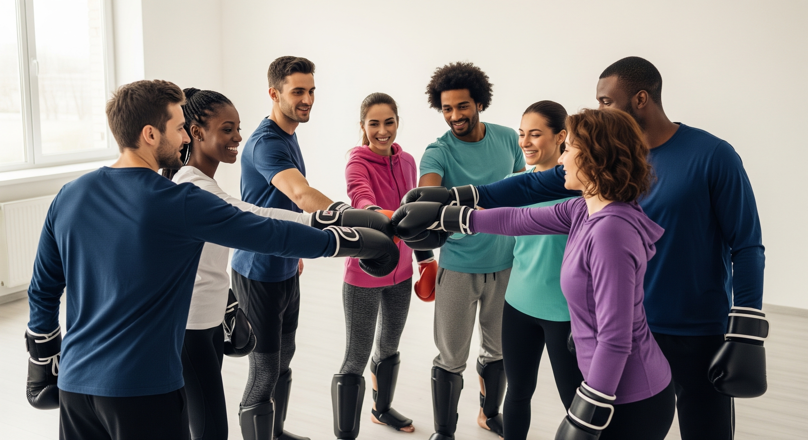 Groupe de personnes en tenue de sport faisant un salut de boxe
